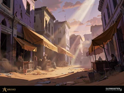 Dust-covered ruined market plaza at sundown with shafts cutting through swirling