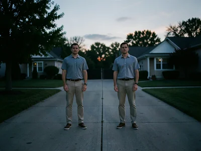 Couple standing motionless on either side of a driveway, identical poses, dusk l