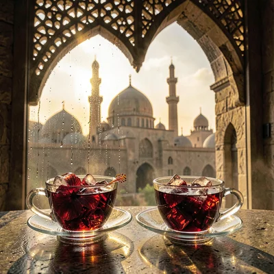 Islamic Cairo geometry, medieval city light, tea glasses filled with dark red hi