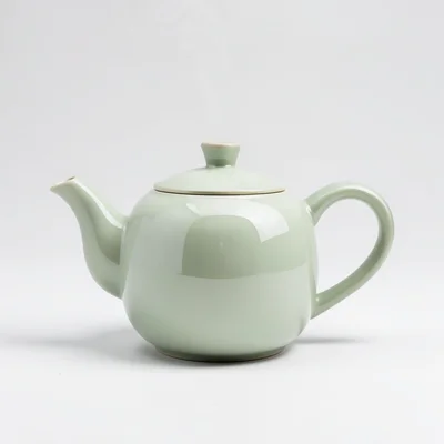A ceramic teapot in pale sage green, side-handle Japanese style, steam suggested