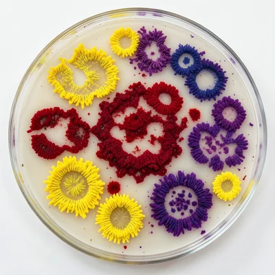 Pigmented bacteria painted into deliberate patterns on agar, living artwork in y