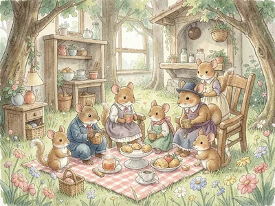 Mouse family meadow picnic