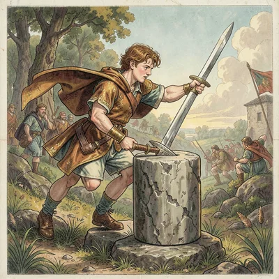 Young Arthur pulling sword from stone