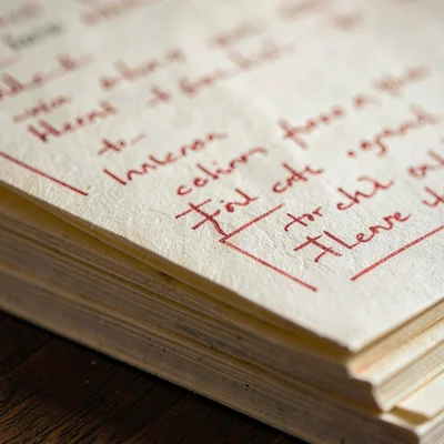 Macro of a stack of manuscript pages with red-pencil marginalia, soft fiber grai