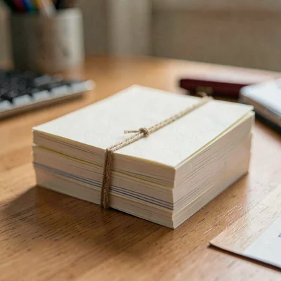 Macro of a stack of index cards rubber-banded together on a desk