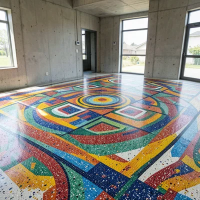 Maasai beadwork pattern as terrazzo floor in concrete building, colorful geometr