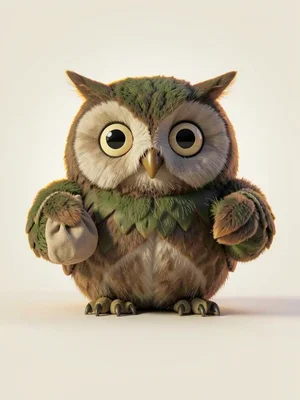 Round owl-spirit holding a tiny cloth bag awkwardly in both wing-tips, eyes wide