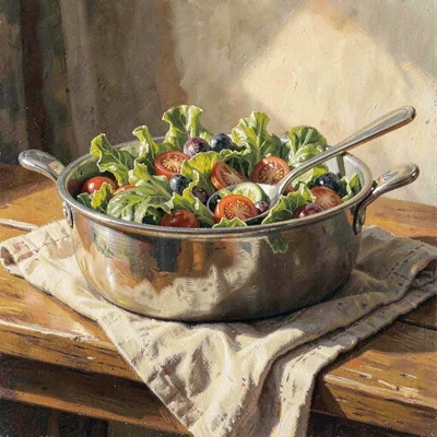 Cozy hero of a salad serving set crossed on a folded linen runner, warm bench gl