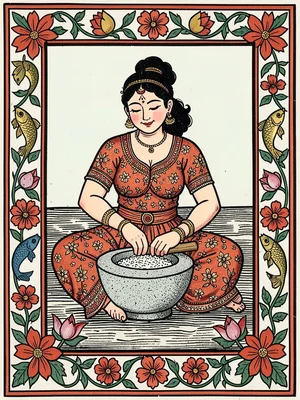 Seated woman grinding grain — stone mortar, rhythmic posture, surrounded by bord