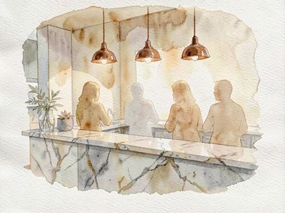 Atmospheric watercolor of the cafe counter with copper pendants humming above a 