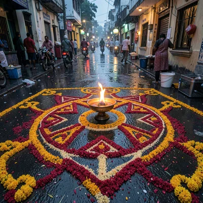 Looking down at Chennai's overlooked patterns, Temple kolam with oil lamp burnin