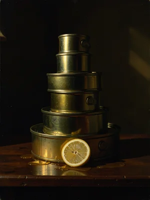 A pyramid of canned sardine tins stacked five levels high on a dark walnut table