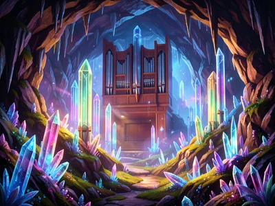 Pipe organ pipes growing from earth like crystal formations, cave setting