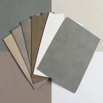 Square color-block layout of a fanned set of paint chip cards in muted earth ton