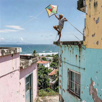 Havana preserved decay, improvised maintenance beauty, Boy flying a homemade kit
