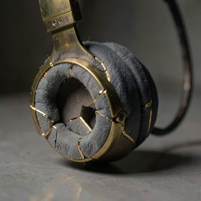 Shattered headphone ear cup with brass repair, foam padding compressed from year