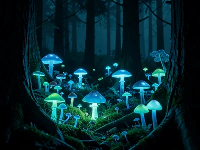 Glowing mushroom forest floor, multiple species, cool blue-green light, dark woo
