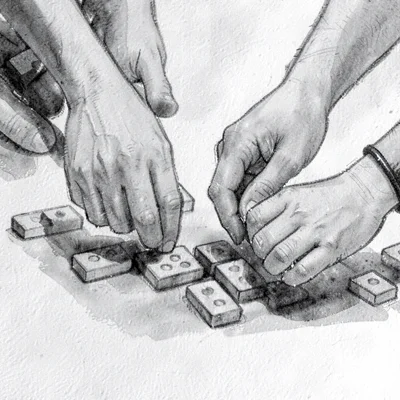 Charcoal narrative scene of two players' hands hovering over the pieces, only fo