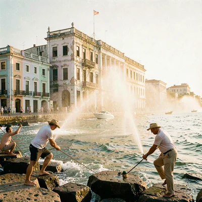 Faded pastel decay of Havana, Cuba, Fishermen casting from Malecon rocks, spray 