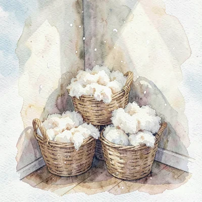 Watercolor of a corner with stacked baskets of raw fleece, motes drifting in the
