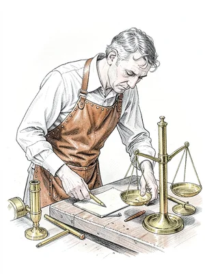 A focused barometer-maker bends over unseen workbench, brass tubes gleaming, lea