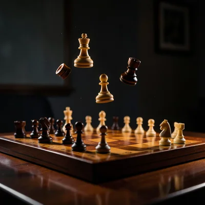 Chess pieces floating above board mid-game, dramatic side lighting, polished woo