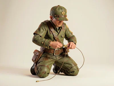 The sapper feeds a brass-clipped wire from a spool at his hip, kneeling so his c