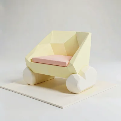 Rocking butter-yellow lowpoly chair with chunky cream curved runners and a peach