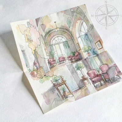 Folded paper con-map prop unfolding across the frame, illustrated halls and loun
