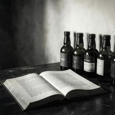 Editorial charcoal of an open journal beside a row of bottles, deep blacks fadin