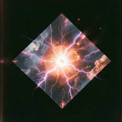 Diamond shape filled with erupting solar flare, plasma arcing within the clean g