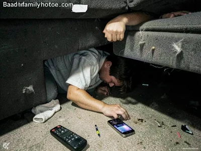 Someone on their hands and knees looking under a couch for a dropped phone, one 