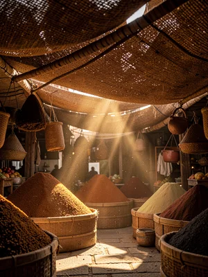 Shaft of sunlight cutting through woven canopy, dust particles suspended in gold