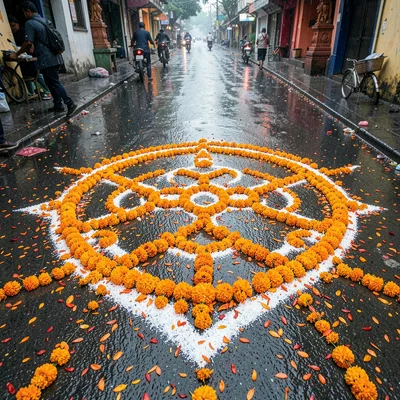 Looking down at Chennai's overlooked patterns, Marigold garlands fallen on a kol