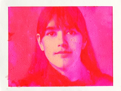 Overinked risograph print, fluorescent red saturating through thin paper, visibl