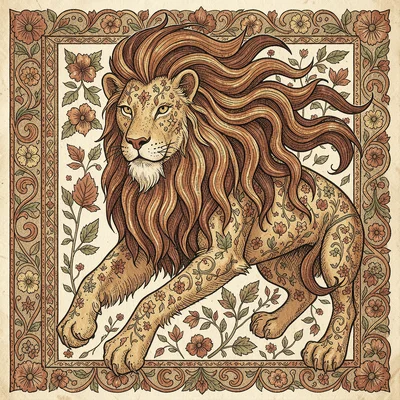 Kalamkari pen illustration, mythical lion creature with flowing mane , hand-draw