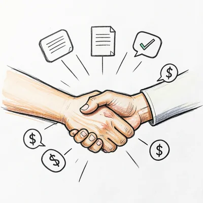 A handshake with small icons radiating from it: speech bubbles, documents, check