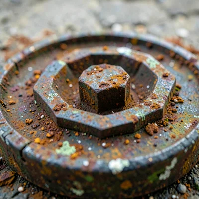 Manhole cover bolt head at 1:1 magnification, rust bloom around hexagonal edges