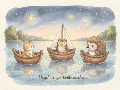 Three little boats with animal captains — a cat, an owl, and a hedgehog — sailin