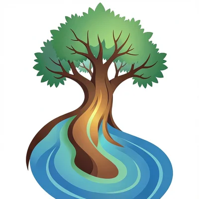 Morphing vector illustration, tree flowing into river , smooth vector gradients,