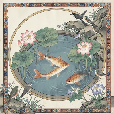 Fish in a round pond with lotus and water iris, birds at the edge
