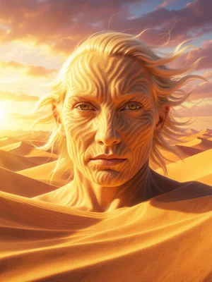 Face formed from sand patterns, wind-sculpted, desert light, golden tones