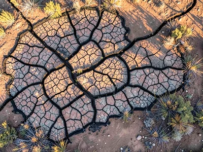 Mosaic burn pattern creating abstract from above