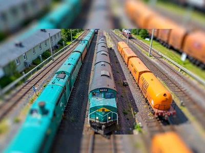 Junction tilt-shift photograph from a parallel bridge of a freight marshalling y