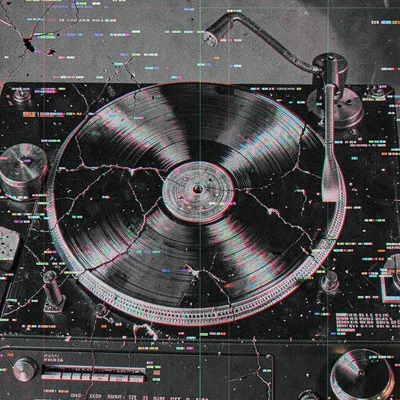 Glitch art illustration, record player warping through errors , digital corrupti