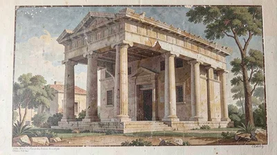 Fresco-style illustration, temple with columns , painted into wet plaster, pigme