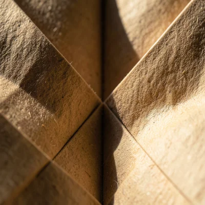 Origami box interior corner, four flaps converging at precise 90-degree angles, 