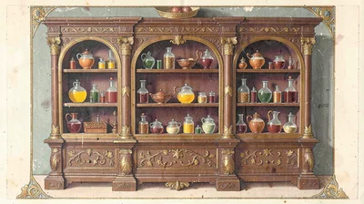Egg tempera illustration, medieval apothecary cabinet , yolk-bound pigment, gold