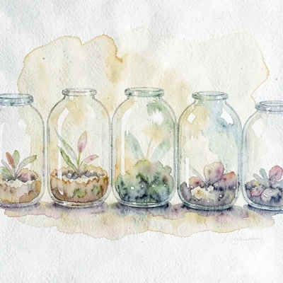 Soft-wash watercolor of a row of glass terrariums softened to a wet smear, calm