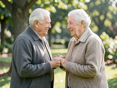 Elderly couple holding hands, fingers interlaced, six decades reduced to connect